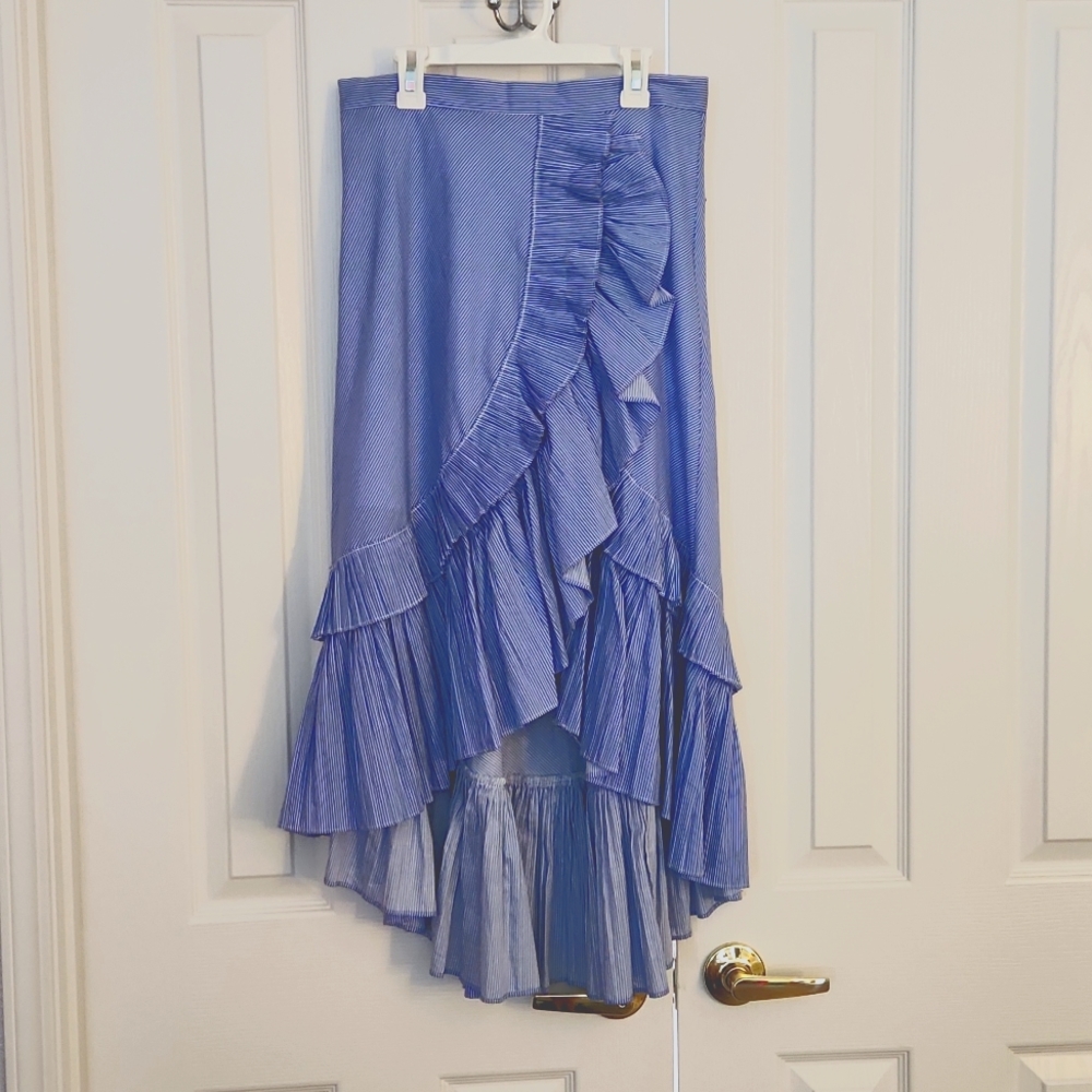 Blue and White Striped Chicwish Asymmetric Ruffle Skirt